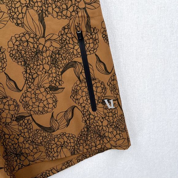 VUORI The Rise Board Shorts Mens 32 Brown Black Floral Swim Trunks Pocket - Picture 8 of 14